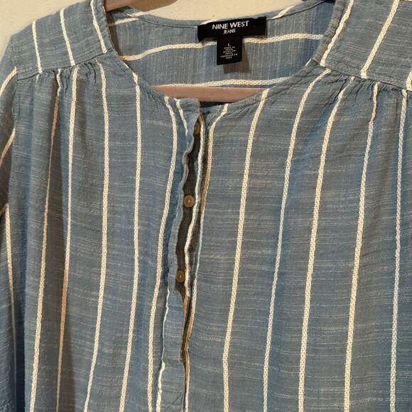 Nine West Cotton Blend Crochet Pinstripe Blouse L - Picture 2 of 7